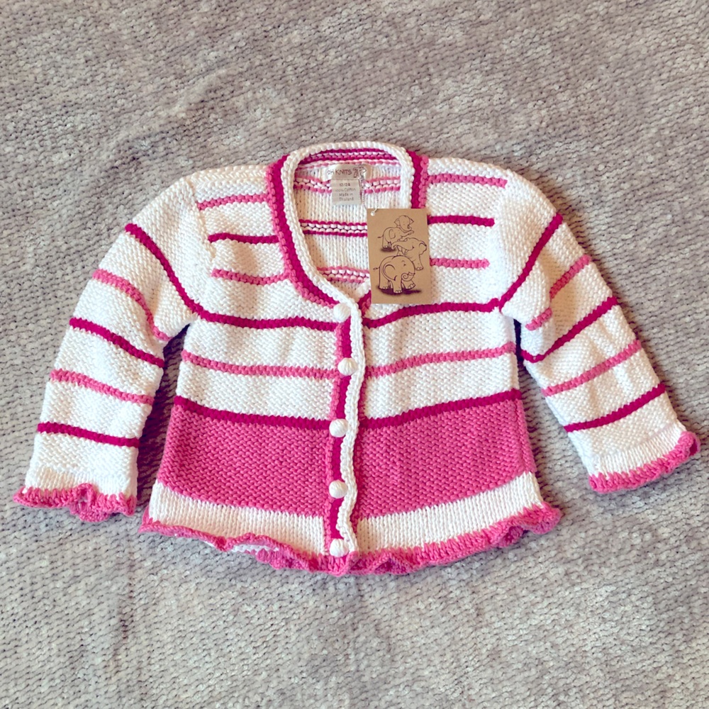 NWT 2H Knits Hand-Knit Baby Cardigan‎ 12–24M Pink White Striped Ruffle Sweater